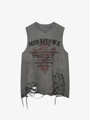 Distressed Ripped Graphic Cross Print Vest - thumbnail 1