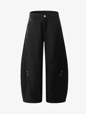 Barrel Pants with Curved Seams and Knee Rivets – Black, front | XoKool