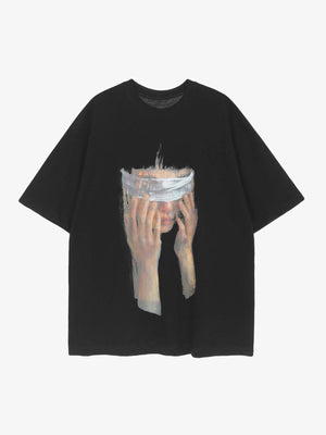 Oversized Painting T-Shirt mit Print von Händen vor dem Gesicht – Schwarz, Vorderseite | XoKool