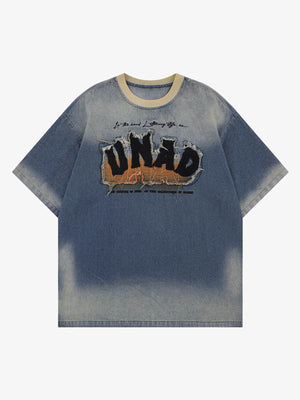 Faded Denim T-Shirt with Frayed Applique Letters – Blue, front view | XoKool
