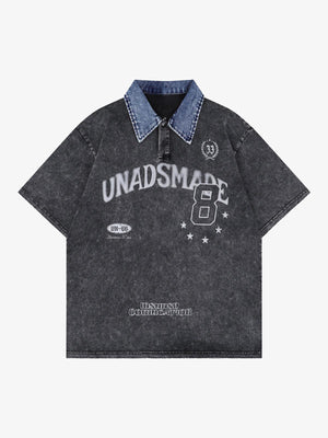 Distressed Embroidered Denim Collar Polo Shirt - thumbnail 1