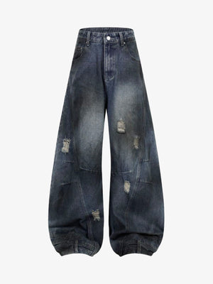 Ripped Balloon Barrel Jeans mit Umschlagsaum – Dunkelblau, Vorderseite flach | XoKool