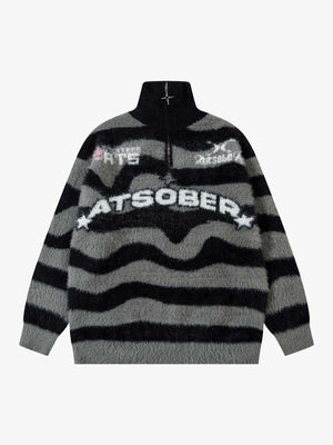 Fuzzy Wavy Stripe Half Zip Sweater – Black, front view | XoKool