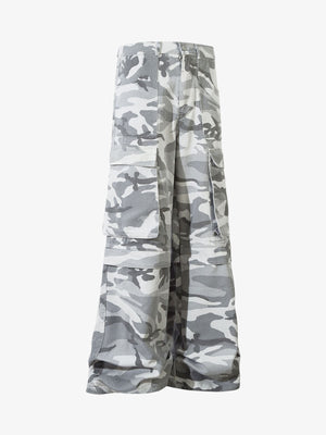Grey Camo Wide Leg Cargo Pants – Grey camo, front flat lay | XoKool