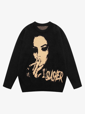 Vintage Portrait Jacquard Strick-Pullover – Schwarz, Vorderansicht | XoKool