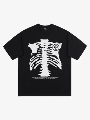 Ribcage Cross Bible Verse Oversized T-Shirt – Black, front view | XoKool