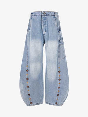 Barrel Jeans with Button Rows Down the Leg – Light blue, front flat | XoKool