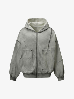 Street Washed Distressed Stitching Rivet Hooded Jacket - thumbnail 1