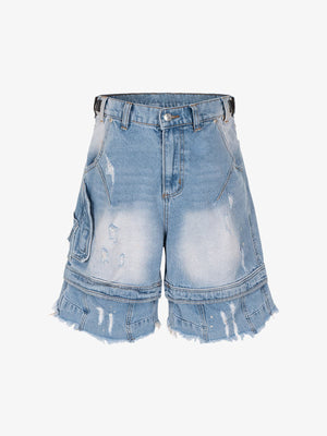 Shorts cargo de denim desgastado con dobladillo en capas – azul claro, vista frontal plana | XoKool