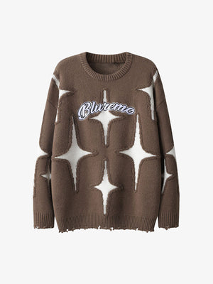 Oversized Strick-Pullover mit Stern und ausgefranstem Saum – Braun, Vorderansicht | XoKool