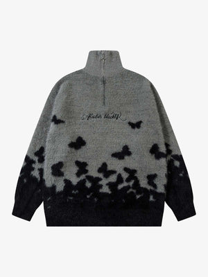 Butterfly Jacquard Half Zip Pullover mit Stehkragen – Grau Schwarz Verlauf, Vorderansicht | XoKool