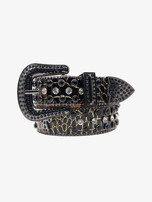 Schwarzer Strassgürtel mit Croc-Optik-Riemen – Schwarz Gold, aufgerollter Gürtel Vorderansicht | XoKool