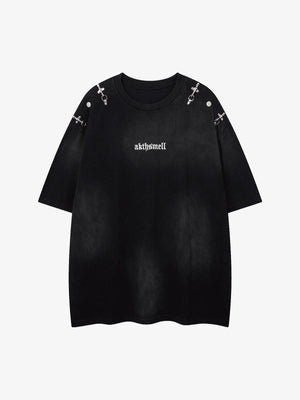 Washed Punk T-Shirt mit Nieten an den Schultern – Washed Schwarz, Vorderansicht | XoKool
