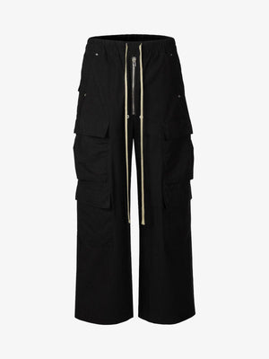 Black Wide Leg Cargo Pants with Drawstring – front view flat | XoKool