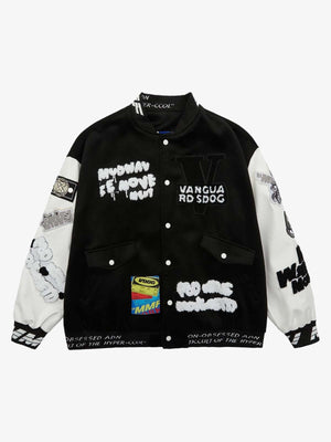 Black and White Varsity Jacket with Chenille Patches – Black/White, front view | XoKool