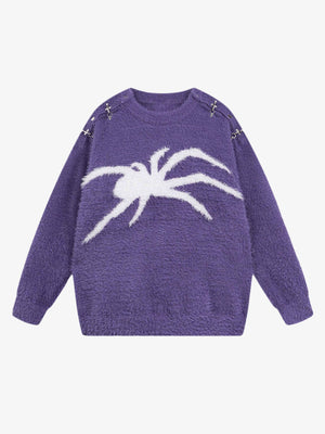 Fuzzy Spider Intarsia Crewneck Sweater – Purple, front view | XoKool