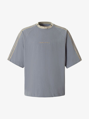 Raglan T-Shirt mit gestreiften Ärmeln und Metallkragen – Blaugrau, Vorderansicht | XoKool