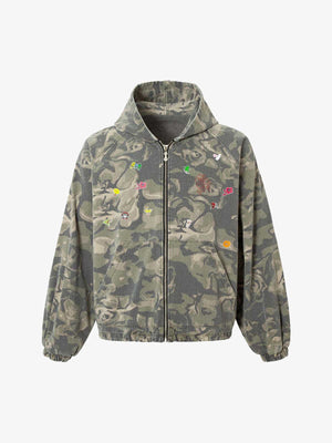 Chaqueta oversize de camuflaje con cierre y capucha – Vista frontal | XoKool