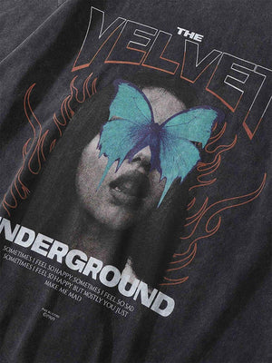 Butterfly Face Graphic T-Shirt in Washed Black – Front-Print im Detail | XoKool