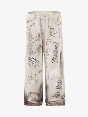 Creme Graffiti Baggy Jeans mit Dirty-Wash-Saum – Vorderseite flach | XoKool