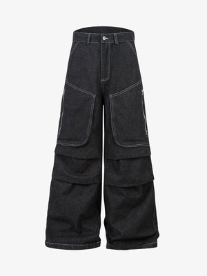 Black Wide Leg Cargo Jeans with Tiered Pleats – Black, front view | XoKool