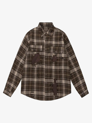Ripped Patchwork Brown Flannel Shirt – Brown, front flat lay | XoKool