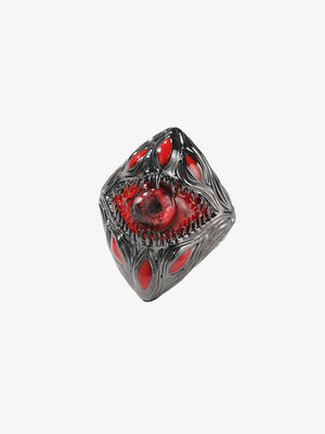 Gothic Red Eye Statement Ring in Gunmetal – Flat, three-quarter view | XoKool