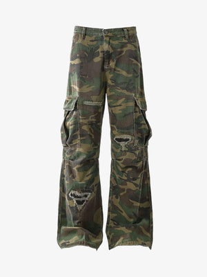 Ripped Camo Cargo Pants with Slight Flare – front view flat | XoKool