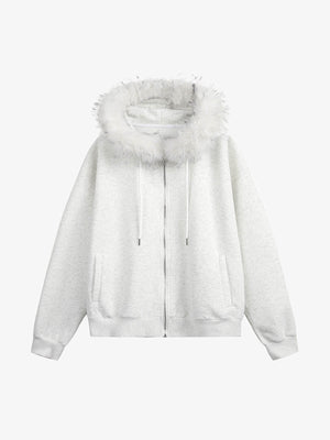 Cropped Zip Up Hoodie with Fur Hood Trim – Heather White, front view | XoKool