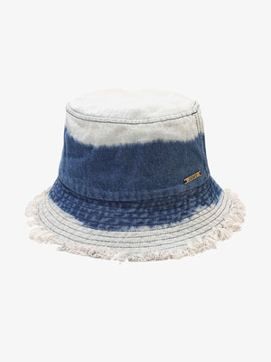 Gorro bucket de denim bicolor con efecto blanqueado y ala deshilachada – azul oscuro, vista frontal | XoKool