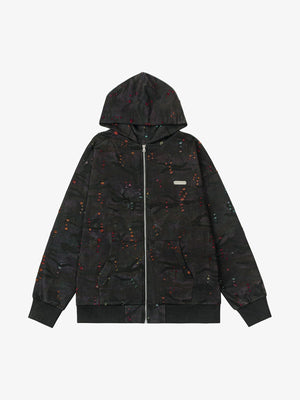 Washed Black Camo Zip Up Hoodie – Black Camo, front view | XoKool