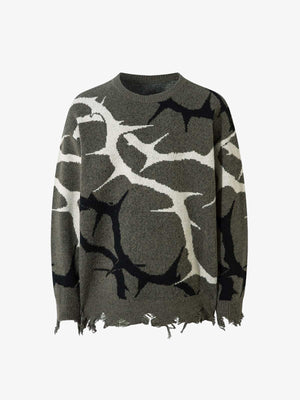 Ripped Thorn Jacquard Knit Sweater – Grey, front view | XoKool