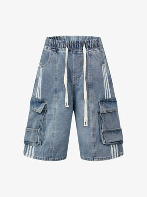 Denim Cargo Shorts mit Tunnelzug und Seitenstreifen – Blau, Vorderansicht | XoKool
