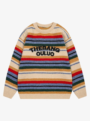 Fuzzy Multicolor Striped Letter Sweater – Beige, front view | XoKool