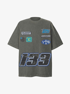 Oversized Racing Number T-Shirt with Badge Prints – Washed Olive Grey, front view | XoKool