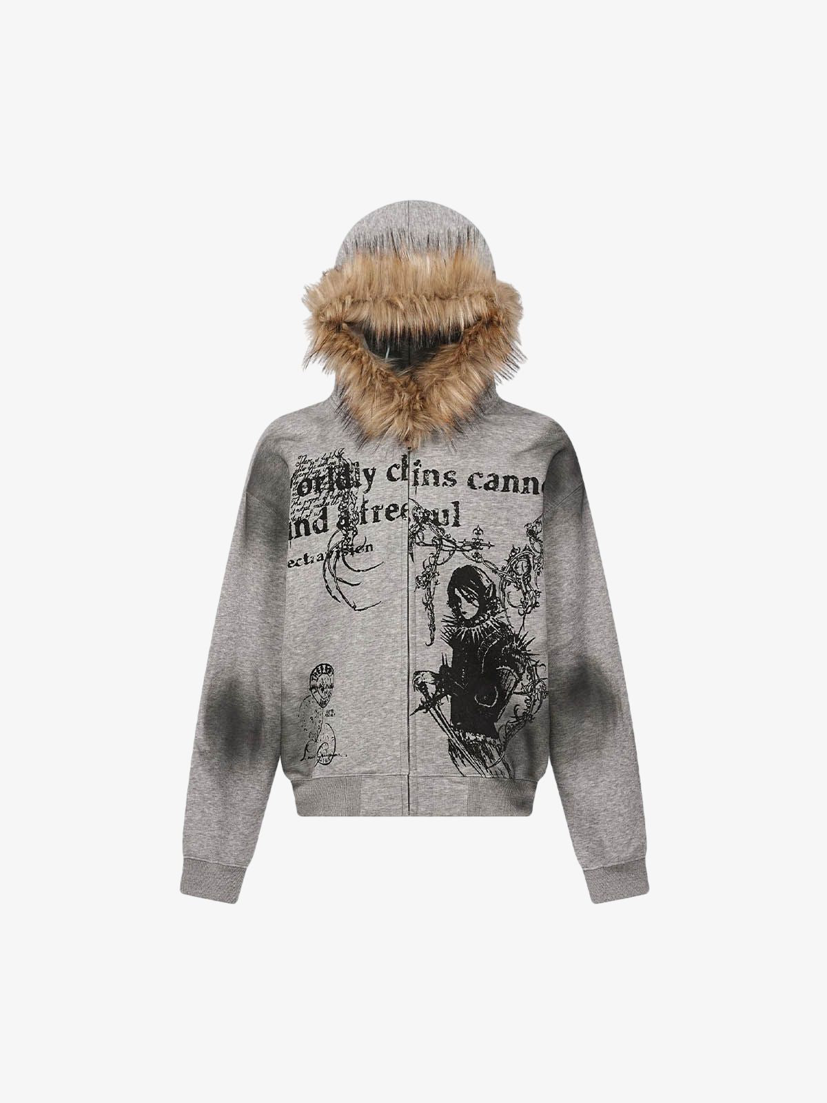 Graphic Zip Up Hoodie with Fur Trim Hood | XoKool
