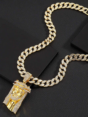 Iced Jesus Piece an Cuban-Link-Kette – Gold, Kette und Anhänger auf Schwarz | XoKool