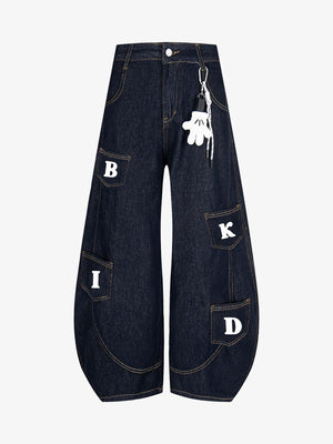 Letter Patch Pocket Barrel Jeans with Charm – Dark Indigo, front view | XoKool