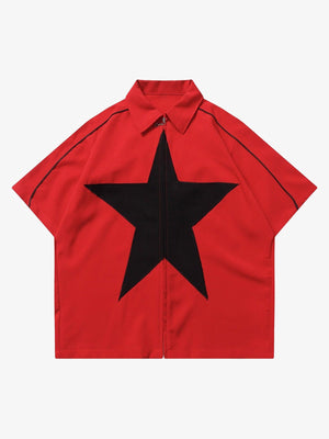 Short Sleeve Zip Up Shirt with Star Panel – Red, front flat lay | XoKool