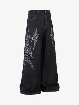 Black Baggy Jeans with Flame Embroidery – side | XoKool