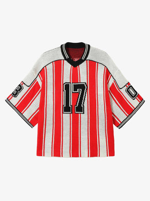 Roter gestreifter Strick-Pullover im Fußballtrikot-Stil – Vorderseite flach | XoKool