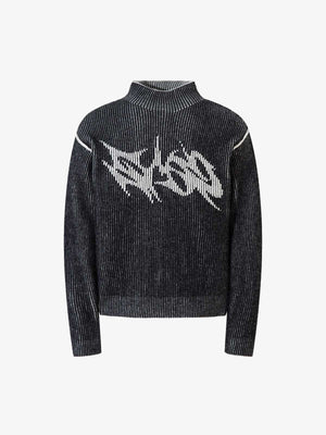 Graffiti Jacquard Mock Neck Knit Sweater – Black, front view | XoKool
