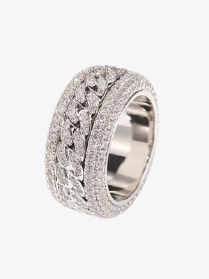 Iced Out Cuban Link Spinner Ring – Silver, angled view | XoKool