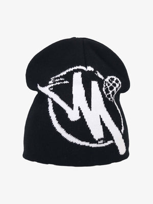 Zweifarbige Jacquard Totenkopf Beanie mit Kreis-Emblem – Schwarz/Weiß, Vorderansicht | XoKool