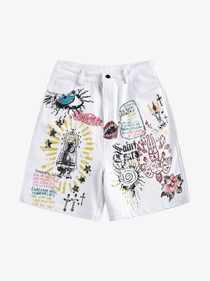 Weiße Jeansshorts mit Graffiti-Print – Weiß, Vorderseite flach | XoKool
