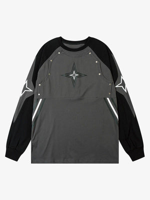Camiseta de manga larga raglán con tachuelas y emblemas de estrellas – gris carbón/negro, vista frontal | XoKool