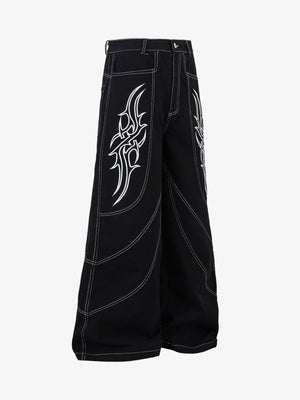 Black Baggy Jeans with Tribal Embroidery – side flat | XoKool