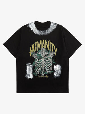 Bemaltes T-Shirt mit grünem Skelett-Brustkorb – Schwarz, Vorderansicht | XoKool