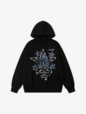 Denim Star Patch Hoodie mit Fleece-Futter – Schwarz, Vorderansicht | XoKool