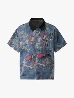 Short Sleeve Graffiti Print Denim Shirt – Washed Blue, front view | XoKool